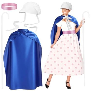 Imagem de Mepase Fantasia feminina de Halloween para adultos de pastor peregrino com capa de cor sólida e cinto rosa, chapéu branco e bastão de gancho