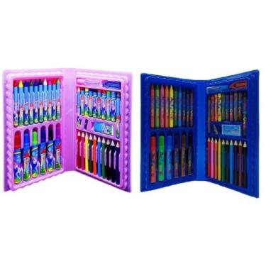 Imagem de 2 Unidade Estojo Maleta De Pintura Infantil 48 Peças Lápis Canetinhas Giz Cor Azul