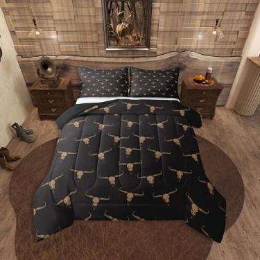 Imagem de Erosebridal Conjunto de edredom Queen étnico boêmio com caveira, tribal, boi, vida selvagem, asteca, decoração de quarto, cabana de fazenda, com 2 fronhas, preto e marrom