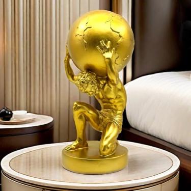 Imagem de Estátua dourada de 26 cm Atlas Grego Segurando o Mundo Estatueta Escultura Estatueta para Escritório em Casa Sala de Estar Decoração Decorativa