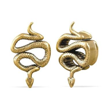 Imagem de PUNKYOUTH 1 par de túneis de orelha de serpente enigmática – alargadores de sela de cobra góticos ocultos duplos alargados para mulheres e homens com orelhas esticadas, joias de Halloween Darkwear 0g