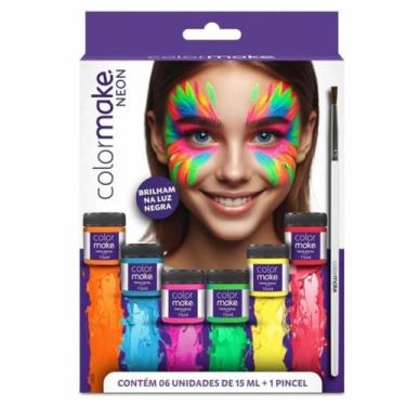 Imagem de Kit Tinta Facial Líquida Neon com Pincel 15ml - 6 Unidades - Color Mak