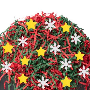 Imagem de SWANGSA 1,4 kg de papel de corte enrugado de Natal vermelho e verde com flocos de neve e confetes de estrelas para cestas de presente, enchimento desfiado, serpentina de papel de almofada de grama