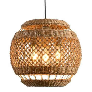 Imagem de Teru Ji Kaikang 15,75" Luminária Pendente De Vime 3 Luzes Boho Seagrass Rattan Luz Suspensa Plantas Aquáticas Tecidas À Mão Lustre De Vime Para Sala De Jantar Sala De Estar Quarto Cozinha Fazenda