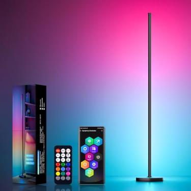 Imagem de MIHEAL Candeeiro de canto, lâmpada de canto LED com aplicativo e controle remoto, 16 milhões de cores DIY com sincronização de música, luzes de piso brancas quentes, luz ambiente que muda de cor para