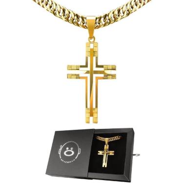 Imagem de Corrente Banhada Ouro Aço + Pingente Crucifixo Grande + Caixa Casual Qualidade Premium Dourado