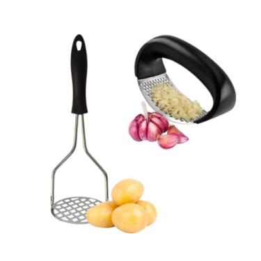 Imagem de Kit Espremedor de Alho e Amassador de Batatas Purê Aço Inox Com Alça Ergonômica Práticos e Resistentes E-ShopCenter