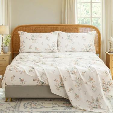 Imagem de Cozaline Jogo de cama Queen 100% algodão – Jogo de cama floral chique gasto de 4 peças, tecido percal respirável macio, lençol com elástico profundo 44,5 cm, sensação fresca e refinada, elegância