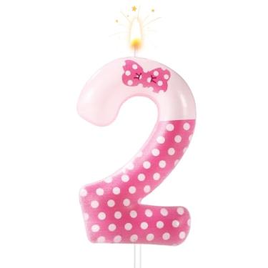 Imagem de Velas de aniversário com número de laço rosa, velas de aniversário de bolinhas rosa e brancas, decorações de aniversário de desenho animado de gato para meninas, artigos de festa de aniversário de