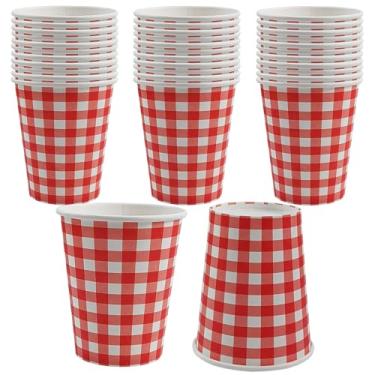 Imagem de EaciTown 30 peças de copos de papel vermelho ginham copos de festa de Natal ginham copos xadrez vermelho e branco búfalo copos de bebidas para dia dos namorados descartáveis