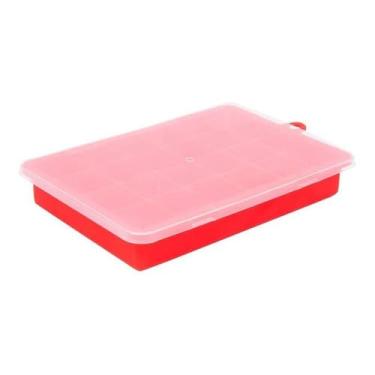 Imagem de Forma Gelo Silicone Vermelha 24 Cubos Tampa Livre BPA Antiaderente Flexível Antiodor Lavável Freezer 19ml