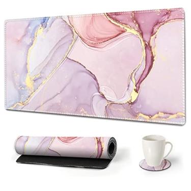 Imagem de ARTSO Mouse pad grande para jogos Almofada de mesa estendida GG Tapete de teclado longo para decoração de mousepad 80 x 40 cm Base de borracha antiderrapante com bordas costuradas para o trabalho, jogo - Mármore rosa roxo