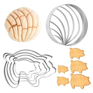 Imagem de 6 peças de cortador de concha, molde de pão mexicano de aço inoxidável com 5 tamanhos, cortador de biscoito de porco, dois lados, cortador de concha, carimbo para pão, bolo, biscoito