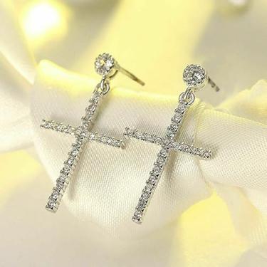 Imagem de Brincos elegantes com pingente de cruz para mulheres, joias modernas de zircônia cúbica de cristal, 1.3, Latão, Zircônia cúbica