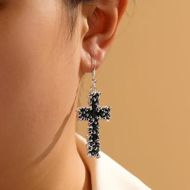 Imagem de Brincos de cruz para mulheres - brincos pendentes de cruz de pedras preciosas pretas, brincos hipoalergênicos personalizados que não mancham, presentes de aniversário de Natal, joias modernas, Cross
