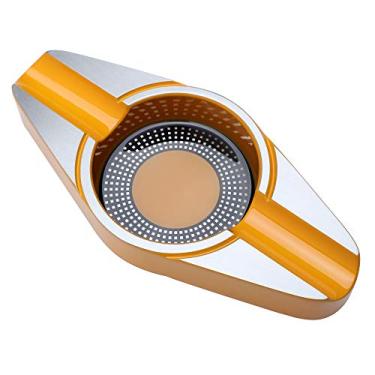 Imagem de VEXO Cinzeiro de metal para charutos com 2 suportes de charutos duplos e bacia grande para pátio ao ar livre, uso em casa e escritório, ideia de presente de charuto legal (amarelo)