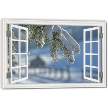 Imagem de Impressão em tela de ilusão de janela falsa coberta de neve, arte de parede com vista panorâmica real para sala de estar 80 x 120 cm emoldurada