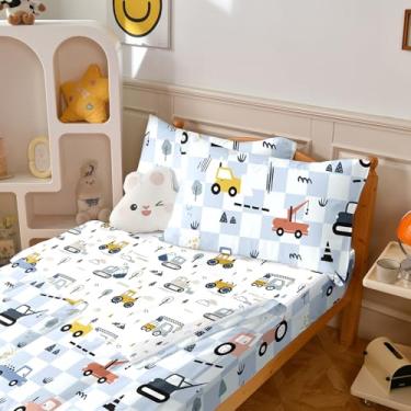 Imagem de Yadangxiawa Jogo de edredom infantil, solteiro com zíper, estampa de construção, trator e fronhas para todas as estações (caminhão)