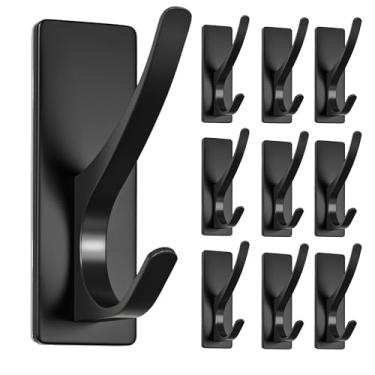 Imagem de Josmimic Pacote com 10 ganchos de toalha autoadesivos: Extra forte 5,9 kg, gancho inoxidável para pendurar bucha, toalhas, casaco, roupão de banho, chuveiro, preto