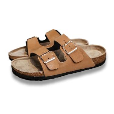 Imagem de Titype Sandálias deslizantes com palmilha de cortiça para mulheres e homens com suporte de arco, fivela ajustável, couro legítimo, confortável, verão, exterior, praia, sandália, Caqui, 14 Women/12.5