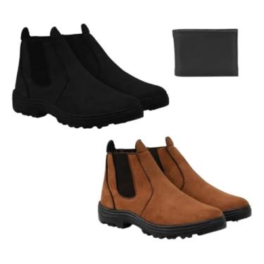 Imagem de Kit 2 Botas Botina Couro Camurça Conforto Trabalho + Carteira (Preto/Marrom, Padrão, BR, Adulto, Numérico, 37)