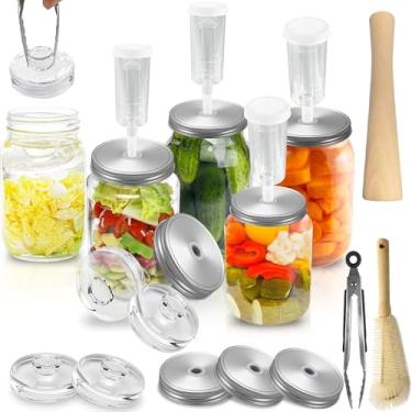 Imagem de Kit de fermentação para frascos de vidro de boca larga - 4 tampas de fermentação de aço inoxidável, 4 pesos de fermentação de vidro, 1 pinça de silicone, 1 libra de chucrute, 1 limpador de escova de