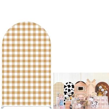 Imagem de KONPON Capas de fundo de arco xadrez bege para festas de fazenda capa elástica com suporte arqueado para decoração de festa de aniversário de bebê (apenas capa)