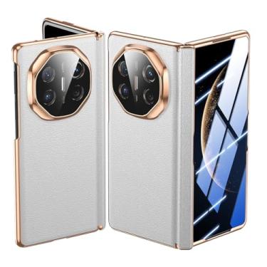 Imagem de HAOMRIYL Capa de couro de vaca para Huawei Mate X6, protetor de tela embutido, dobradiça magnética à prova de choque, capa de couro galvanizado, branca, Mate X6