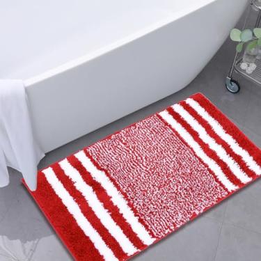 Imagem de Tapetes de banheiro antiderrapantes, 50,8 cm x 81,3 cm tapete vermelho para porta interna, forro de borracha, tapete de microfibra absorvente listrado lavável na máquina, tapetes clássicos para