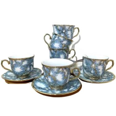 Imagem de Conjunto de Seis Requintadas XíCaras de Café em Porcelana Branca para Uso DiáRio, com Pires, Capacidade para 100 Ml.(Modelo - 9-azul (85mL))