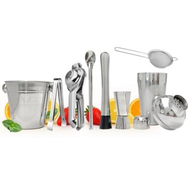 Imagem de Conjunto de 8 peças para barman: coador de aço inoxidável, espremedor, pilão, copo medidor, balde de gelo, colher, pinça e coador.