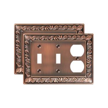 Imagem de TREEWELL Pacote com 2 capas para tomadas duplas e duplas duplas, padrão paisley, placas decorativas para interruptores e tampas de tomada, 4 placas de parede de metal de cobre antigo, resistente à