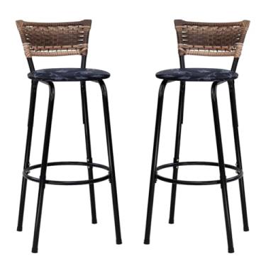 Imagem de Kit 02 Banqueta Altas Junco Cappuccino Estrutura Preta Assento Floral Preto 70cm Para Balcão Cozinha, Bar, Bistrô, Americano - Itagold