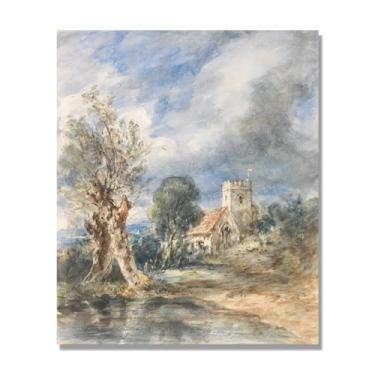 Imagem de NHLDZYH Arte de parede John Constable (Igreja Stoke Poges), pôster de pinturas famosas, decoração de parede com impressão de imagem retrô romantismo. Apenas tela 60 x 72 cm - 23,6 x 28,3 pol