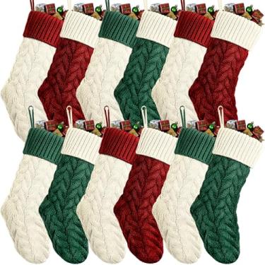 Imagem de Vinsot 12 peças de meias de Natal de 45,7 cm para decoração de meias de Natal para lareira, Natal, família, festas de fim de ano (vinho, marfim, verde)