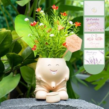 Imagem de Vaso de plantador de cabeça com orifícios de drenagem, vaso de flores exclusivo para cactos, suculentas, conjunto de presente com cartão de felicitações e placa de madeira de aniversário, decoração