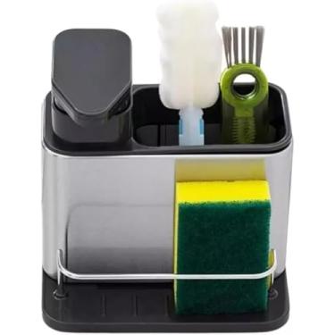 Imagem de Porta Detergente 3 em 1, Escorredor Esponja, Organizador de Pia Inox com Dispenser de Sabão e Compartimentos para Esponja e Sabão Líquido Super Prático, Pia Limpeza Higiene