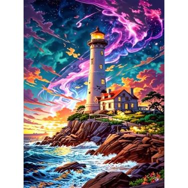 Imagem de Kits de arte de diamante para farol de adultos, kit de pintura de diamante 5D DIY para iniciantes, cenário litorâneo, broca redonda completa, pontos artísticos para adultos, perfeito para decoração de