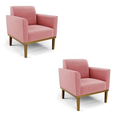 Imagem de Kit 2 Poltronas Decorativas Pés Fixo Em Madeira Castanho Suede Rose