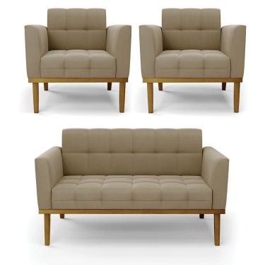 Imagem de Conjunto 2 Poltronas E 1 Namoradeira Decorativa Pés Fixo Em Madeira Castanho Suede Nude