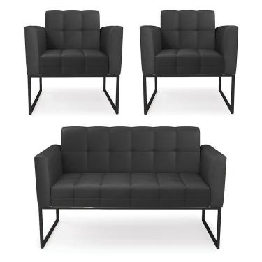 Imagem de Kit 1 Sofá Namoradeira E 2 Poltronas Elisa Corino Preto Base Metálica Industrial Preto - D'rossi