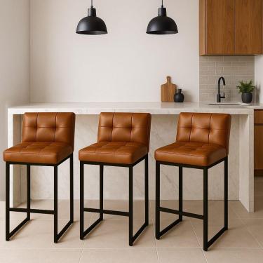 Imagem de Banqueta Cozinha Alta Com Encosto Industrial Kit 3 Preto Lirina Pu C05 - D'rossi Whisky