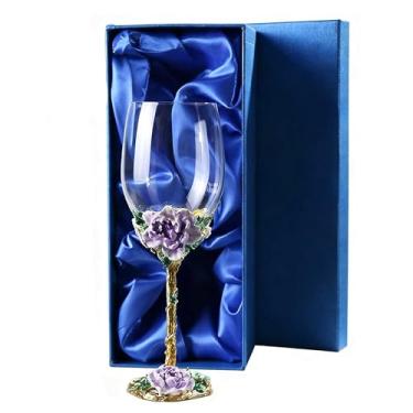 Imagem de Gets Taças de vinho pintadas flor esmaltada taça de vinho de cristal decorativa com caixa de presente azul para aniversário de casamento (1 roxo + caixa de presente)