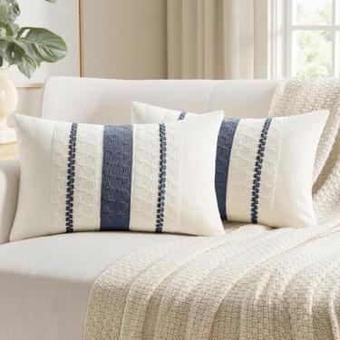 Imagem de Woaboy Conjunto de 2 capas de almofada decorativas Boho Farmhouse Sofás Modernas Capas de Almofada de Algodão Macramê Tecido Primavera Decoração de Casa para Cama Sofá Cadeira 30 x 50 cm Azul Marinho