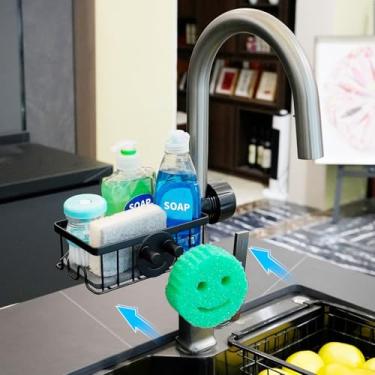 Imagem de Suporte de esponja para pia de cozinha suporte de esponja de rosto sorridente sobre torneira - organizador de organizador de pia de aço inoxidável com tapete de secagem rápida de pedra (preto)