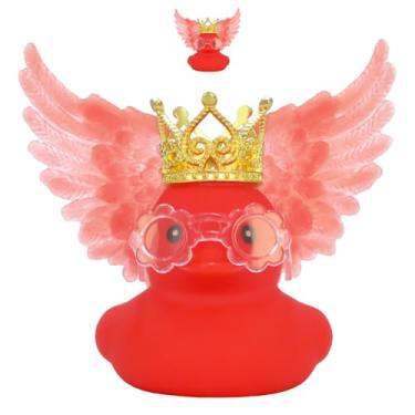 Imagem de BOZILY Conjunto de acessórios de carro de pato de borracha vermelha (inclui coroa, óculos, asas e babador), decoração de painel estridente, acessório de carro para alívio de estresse DIY