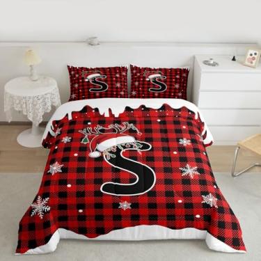 Imagem de jejeloiu Conjunto de cama macio para meninos e meninas, conjunto de edredom xadrez, tamanho solteiro, com inicial P, edredom de microfibra, xadrez, geométrico, decoração de quarto, 2 peças com 1