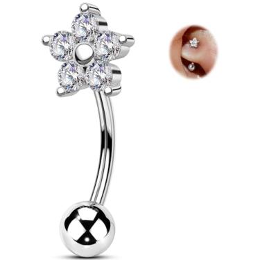 Imagem de OUFER Brincos de torre de flor de 16 g, joia de piercing de torre de prata, hipoalergênico, aço cirúrgico, sobrancelha, barra curvada, pequenos anéis de umbigo para mulheres, 16G 6MM, Metal, Zircônia