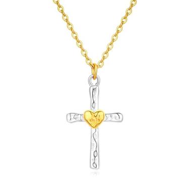 Imagem de QOBEBOTA Colar de cruz banhado a ouro 18 K para mulheres prata aço inoxidável não mancha, colar de crucifixo martelado, joia de dois tons, presentes cristãos para mulheres católicas, colares com