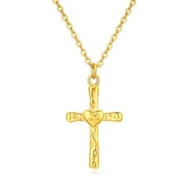 Imagem de QOBEBOTA Colar de cruz banhado a ouro 18 K para mulheres prata aço inoxidável não mancha, colar de crucifixo martelado, joia de dois tons, presentes cristãos para mulheres católicas, colares com